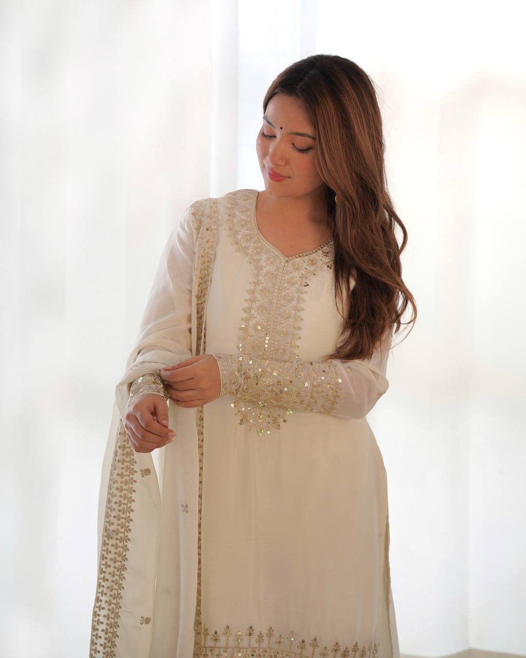 Party Wear White Color Pure Chinon Silk Kurti For Girls