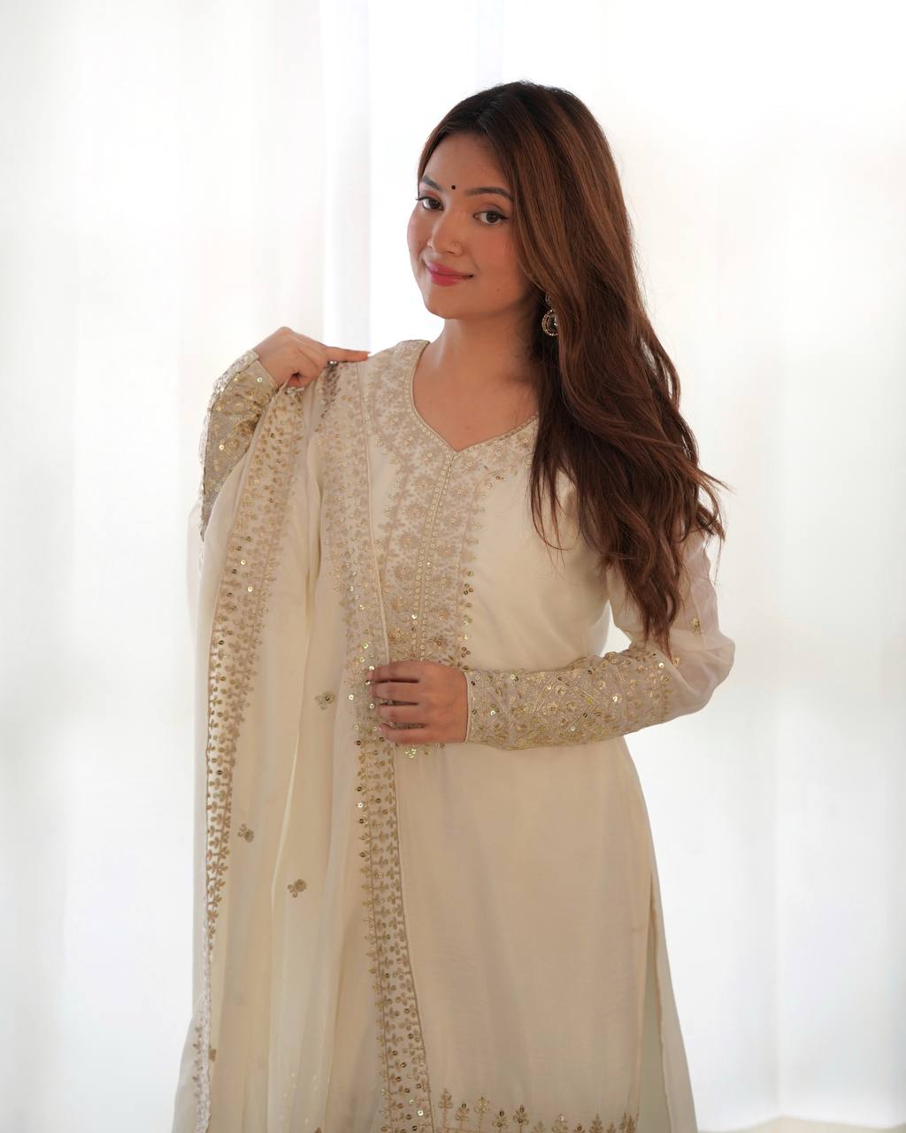 Party Wear White Color Pure Chinon Silk Kurti For Girls