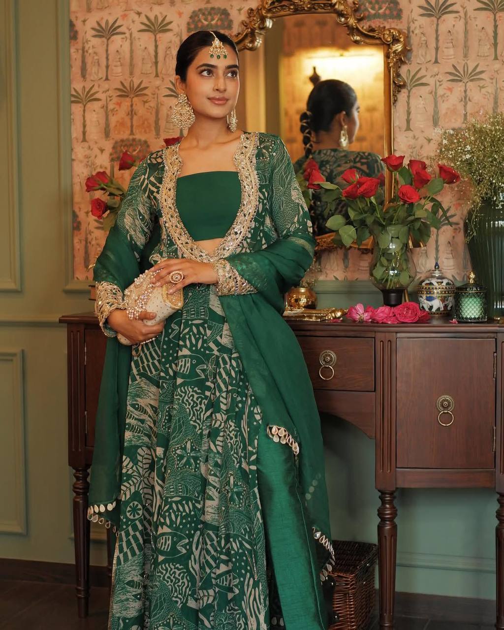 Western Wear Green Color Chinon Silk Gown For Girls