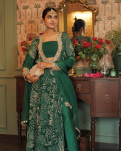 Western Wear Green Color Chinon Silk Gown For Girls