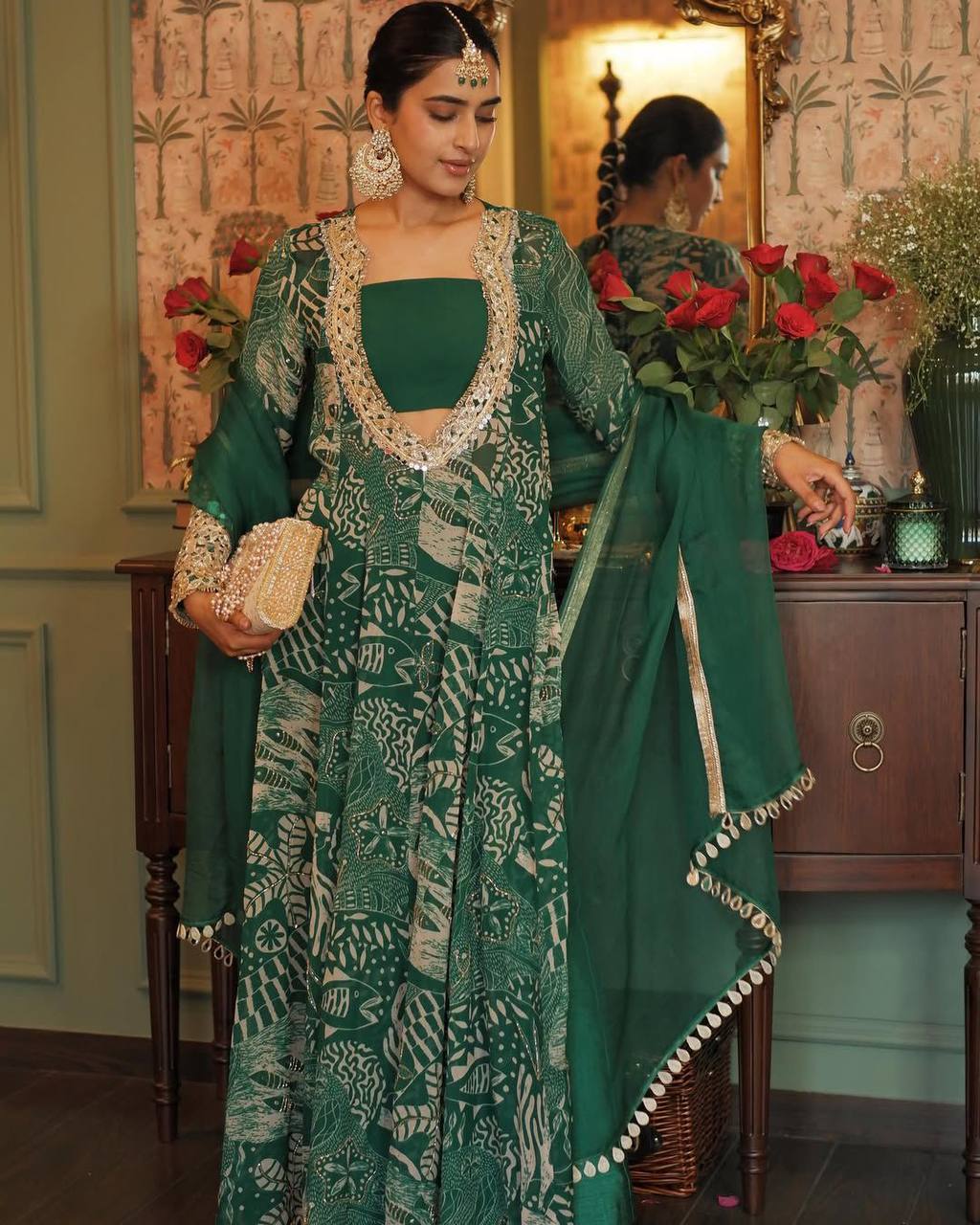 Western Wear Green Color Chinon Silk Gown For Girls