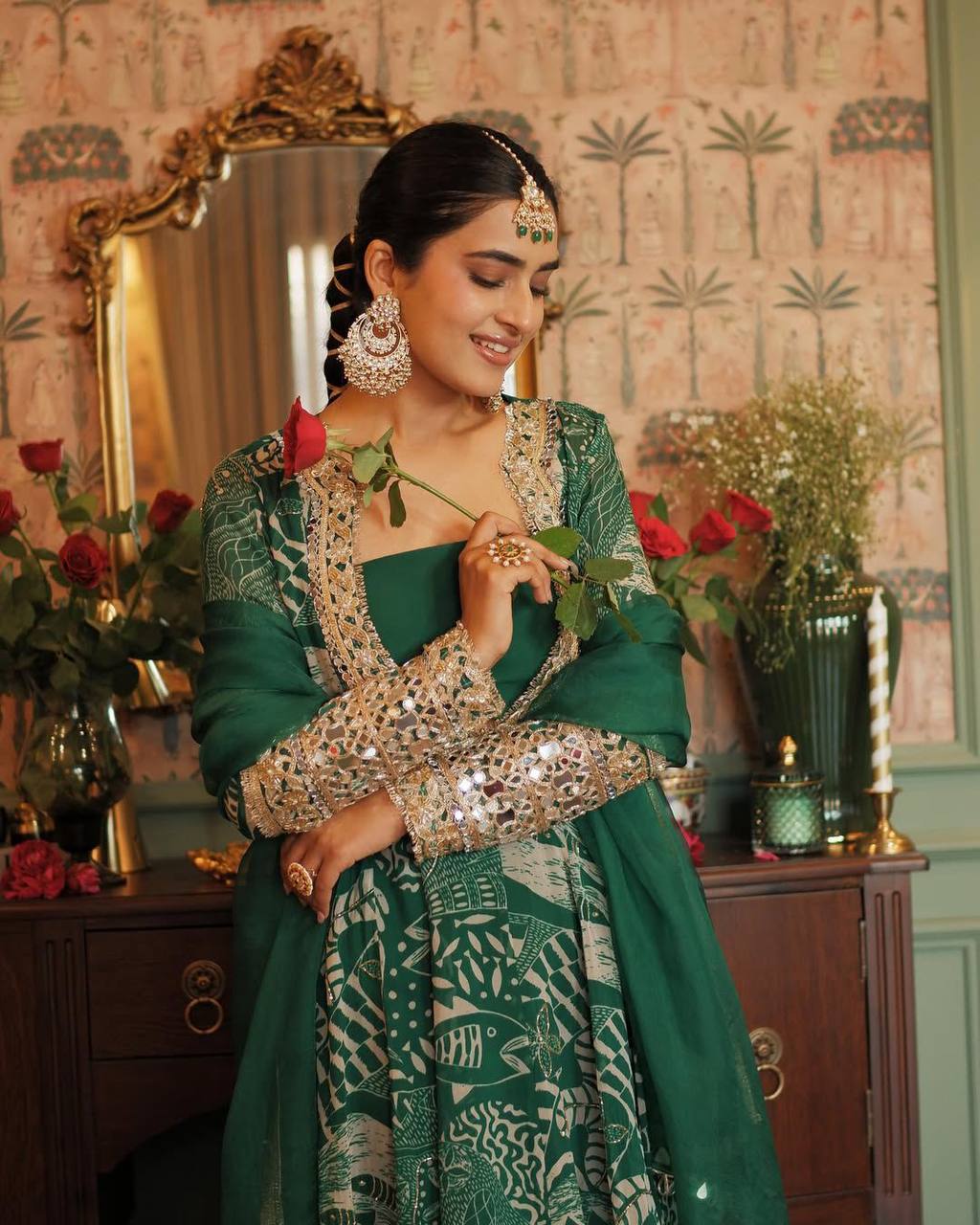 Western Wear Green Color Chinon Silk Gown For Girls
