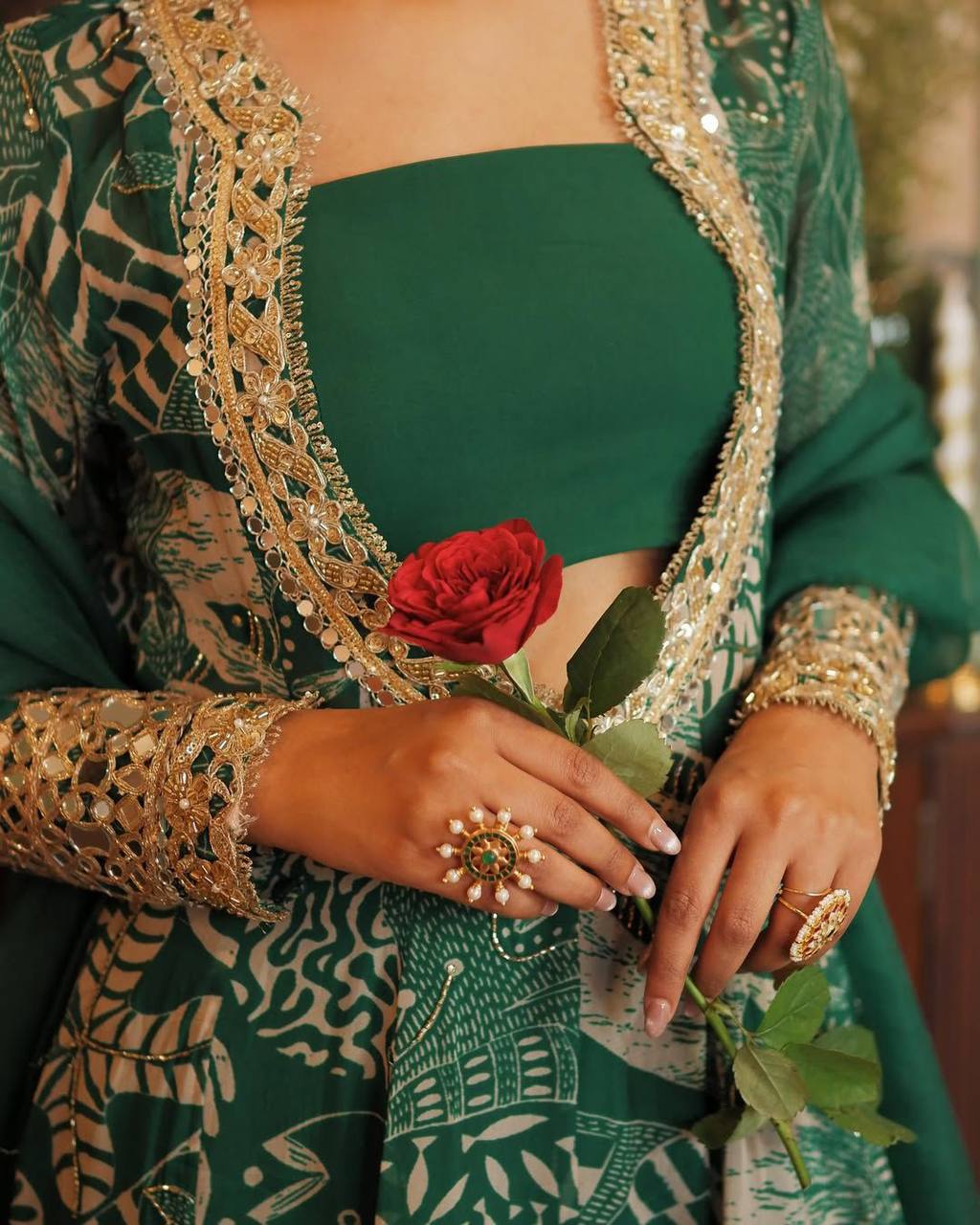 Western Wear Green Color Chinon Silk Gown For Girls