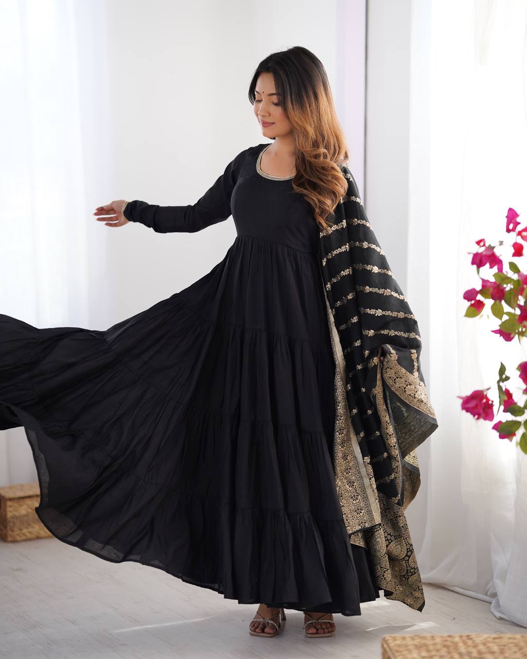 Party Wear Black Color Heavy Roman Silk Chanderi Gown For Girls