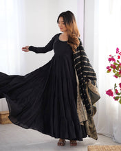 Party Wear Black Color Heavy Roman Silk Chanderi Gown For Girls