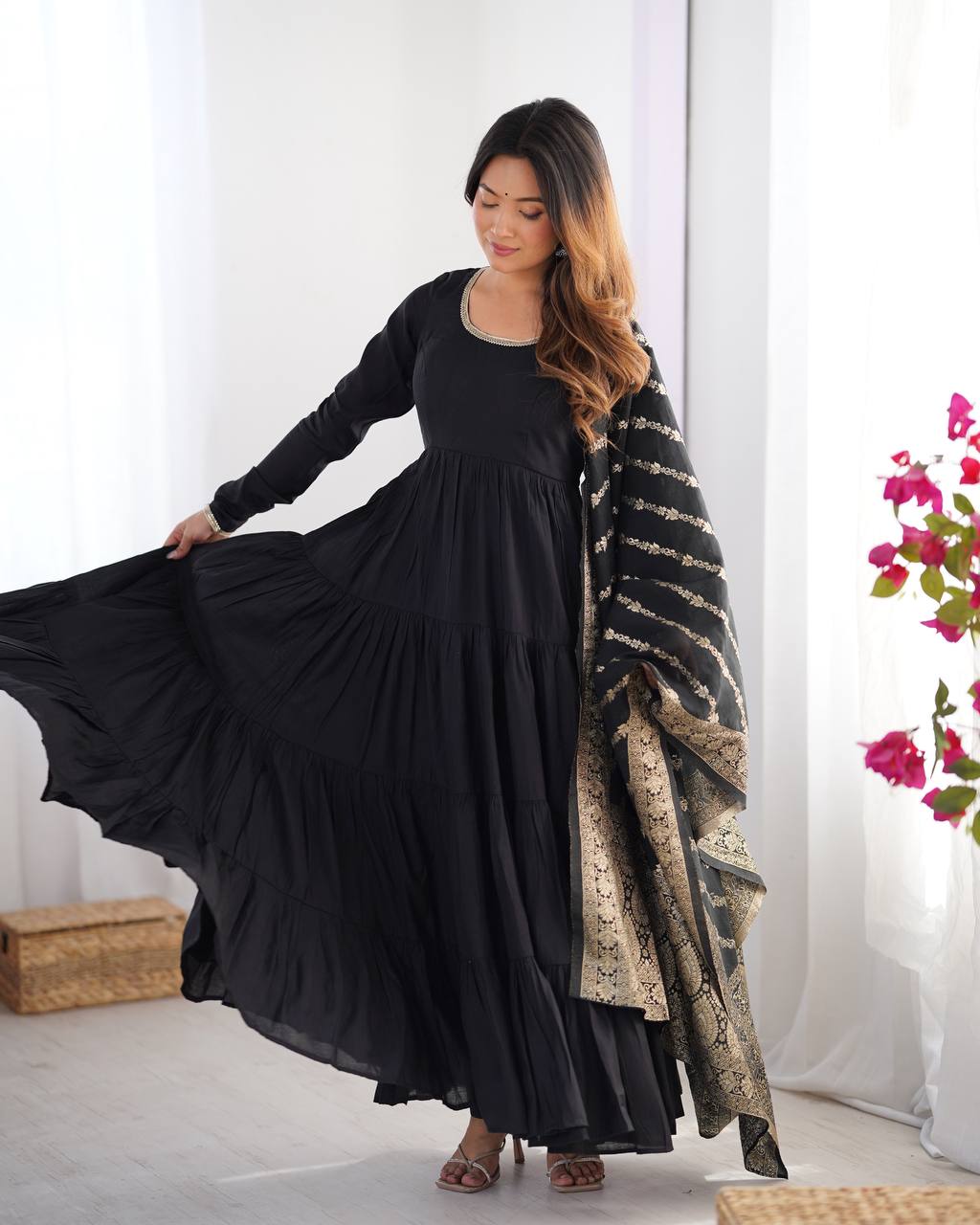 Party Wear Black Color Heavy Roman Silk Chanderi Gown For Girls