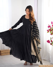 Party Wear Black Color Heavy Roman Silk Chanderi Gown For Girls