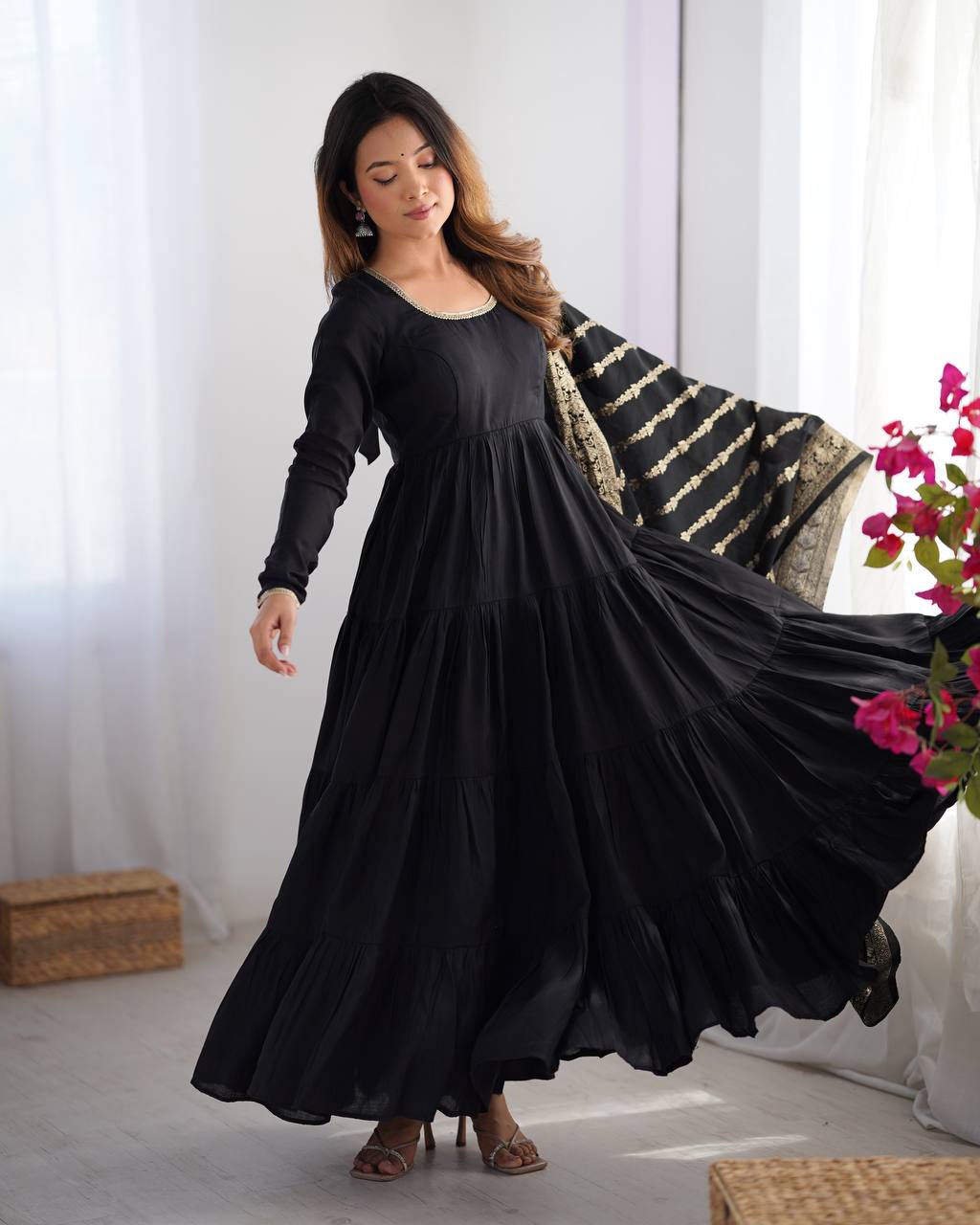 Party Wear Black Color Heavy Roman Silk Chanderi Gown For Girls