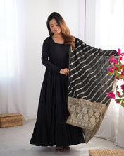 Party Wear Black Color Heavy Roman Silk Chanderi Gown For Girls
