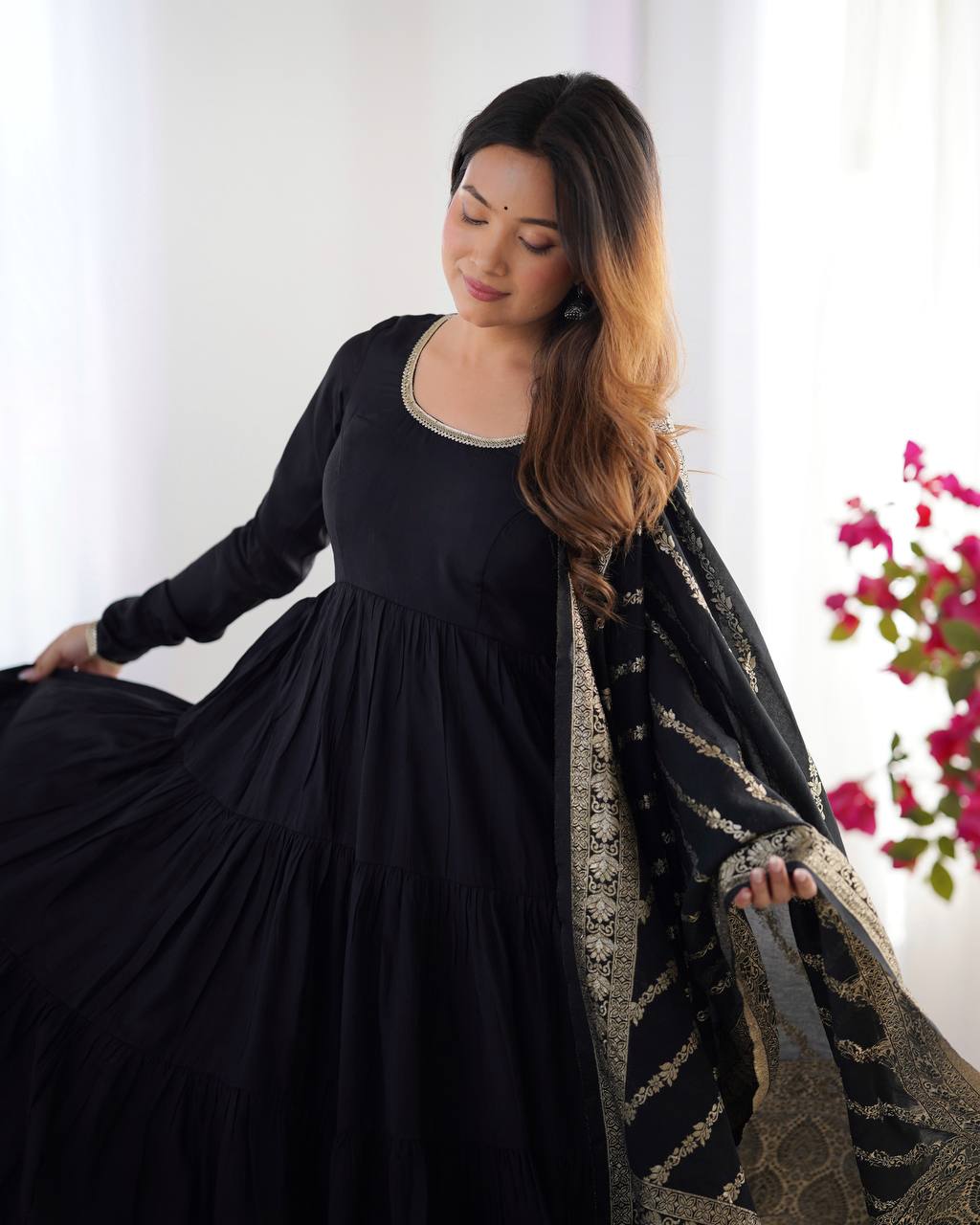 Party Wear Black Color Heavy Roman Silk Chanderi Gown For Girls
