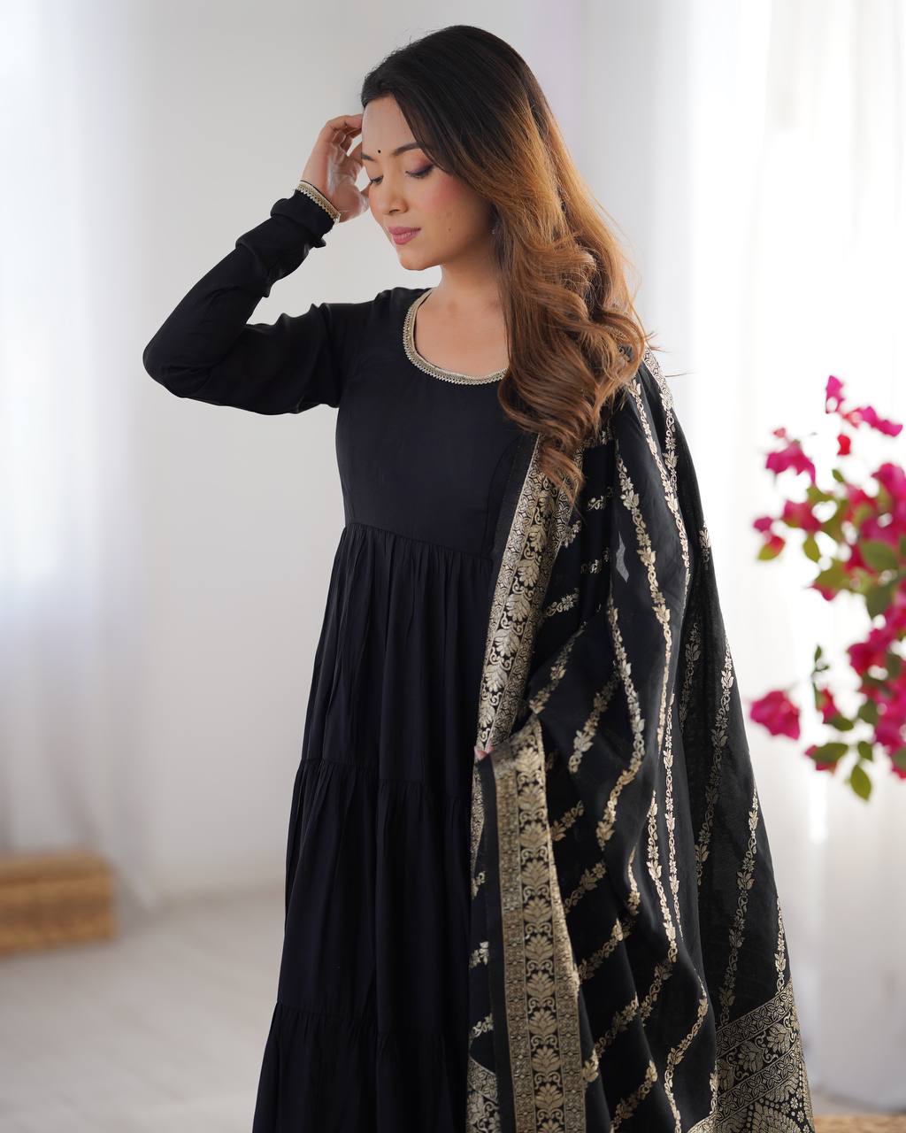 Party Wear Black Color Heavy Roman Silk Chanderi Gown For Girls