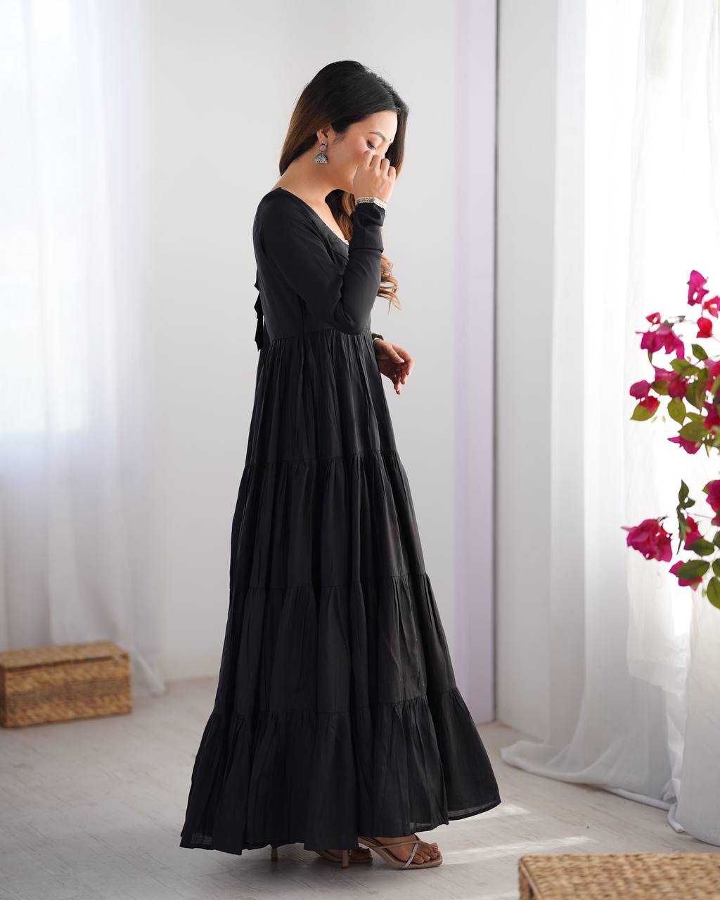 Party Wear Black Color Heavy Roman Silk Chanderi Gown For Girls
