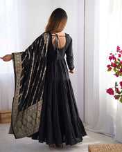 Party Wear Black Color Heavy Roman Silk Chanderi Gown For Girls