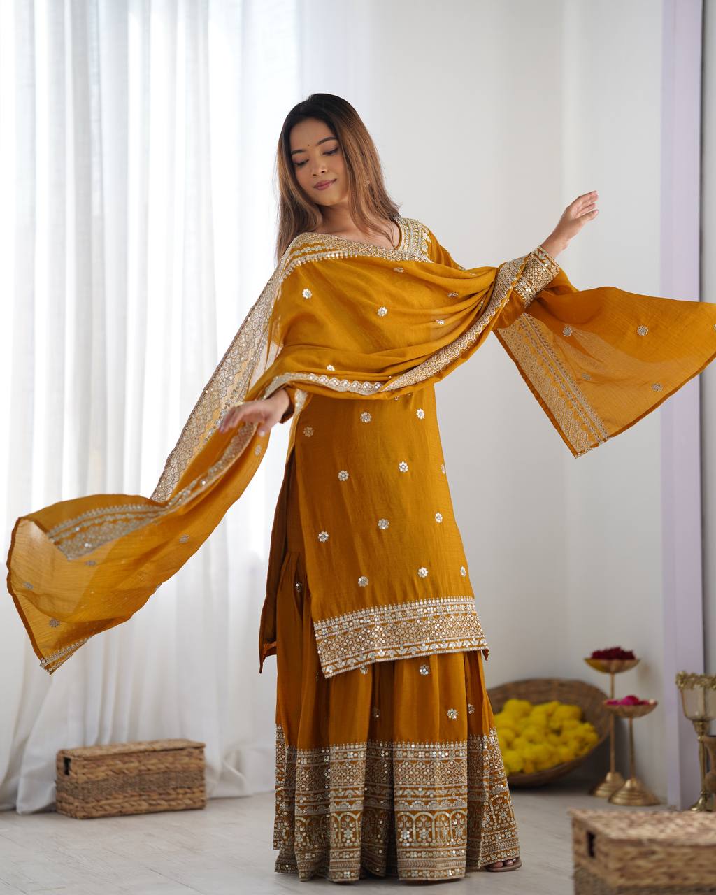 Party Wear Yellow color Heavy Chinnon Silk Sharara Set for girls