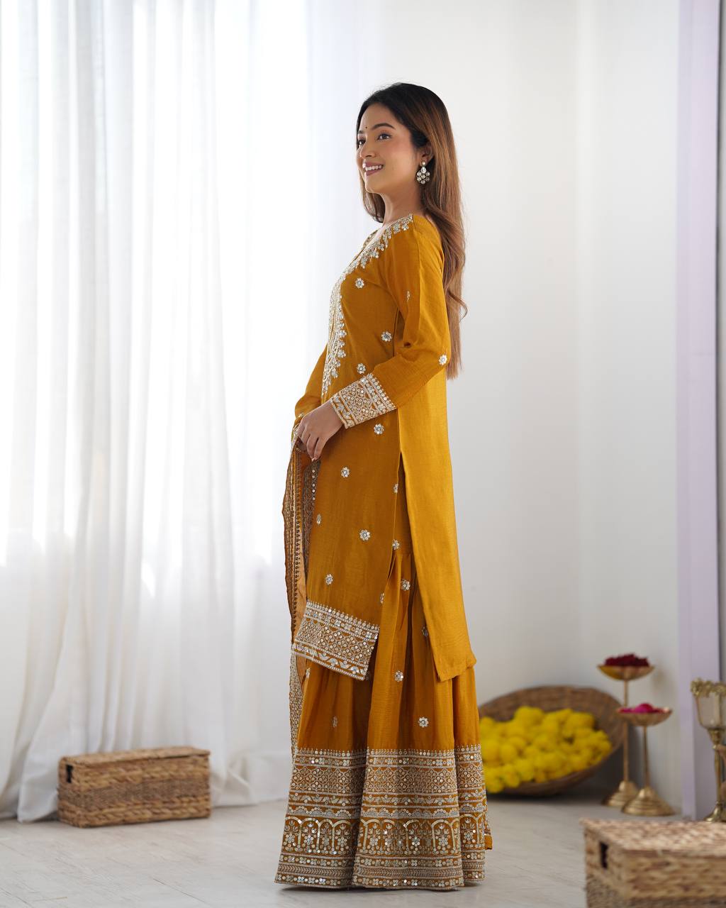 Party Wear Yellow color Heavy Chinnon Silk Sharara Set for girls