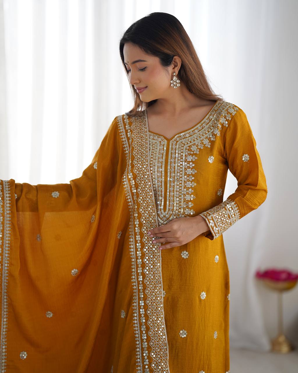 Party Wear Yellow color Heavy Chinnon Silk Sharara Set for girls