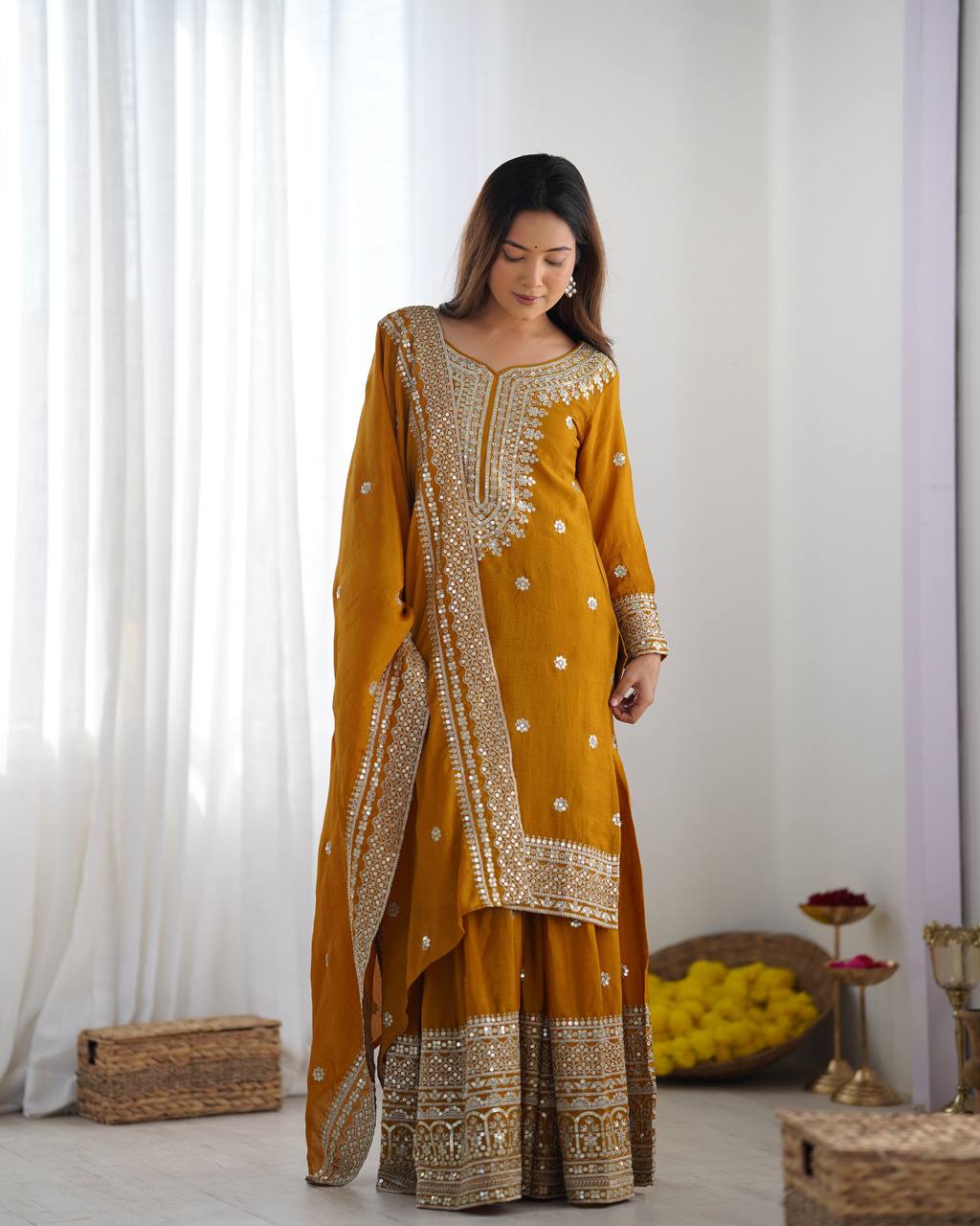 Party Wear Yellow color Heavy Chinnon Silk Sharara Set for girls