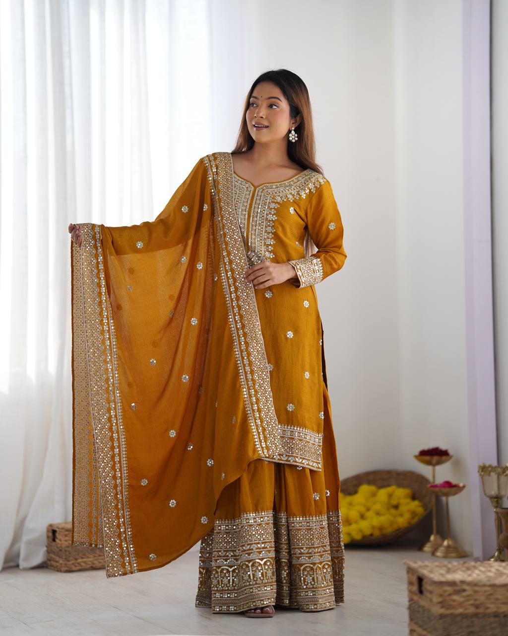 Party Wear Yellow color Heavy Chinnon Silk Sharara Set for girls