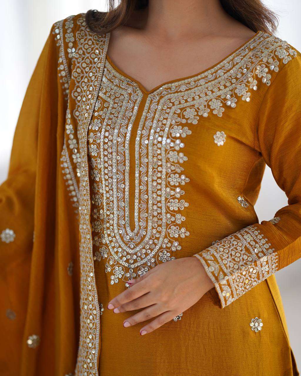 Party Wear Yellow color Heavy Chinnon Silk Sharara Set for girls