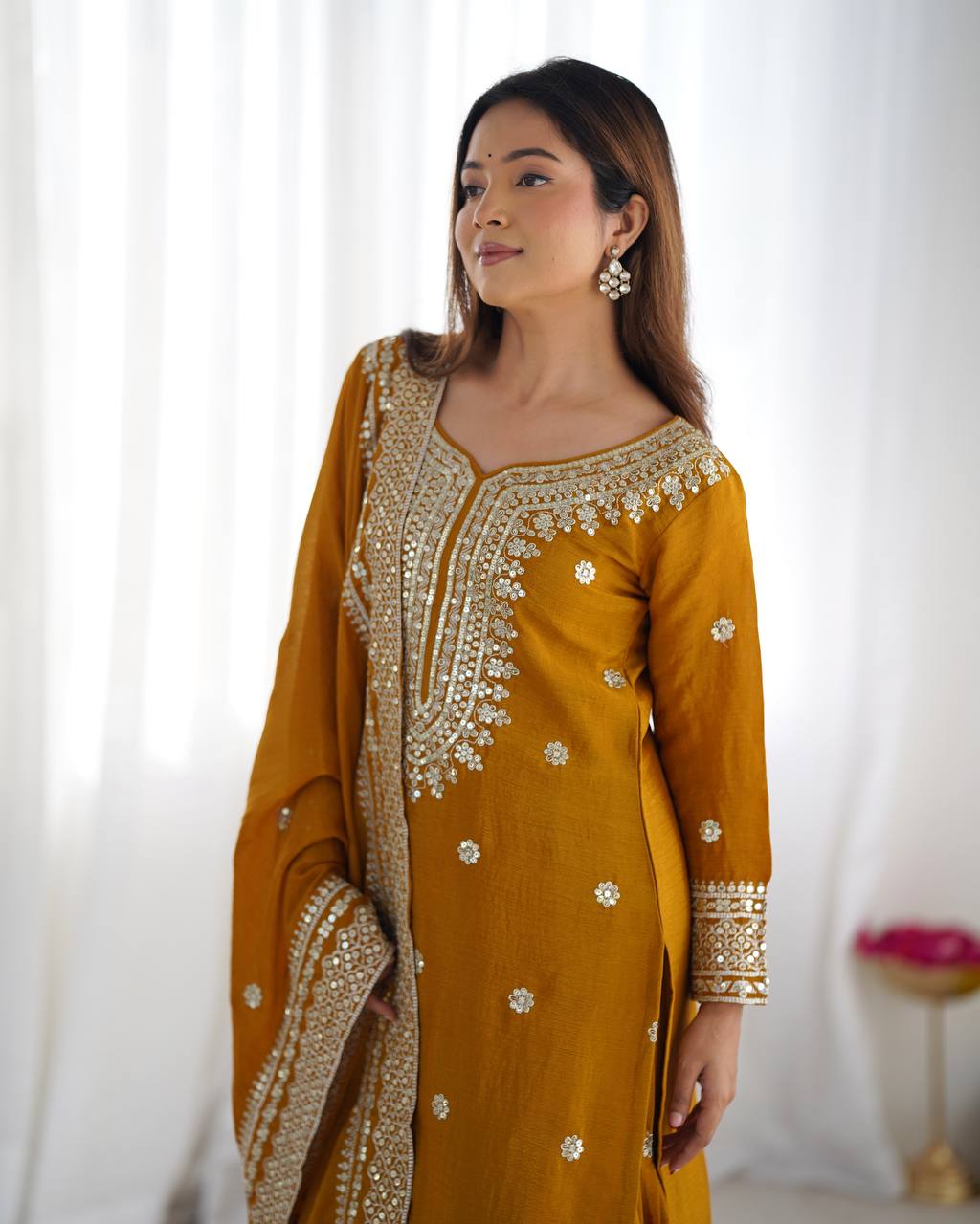 Party Wear Yellow color Heavy Chinnon Silk Sharara Set for girls
