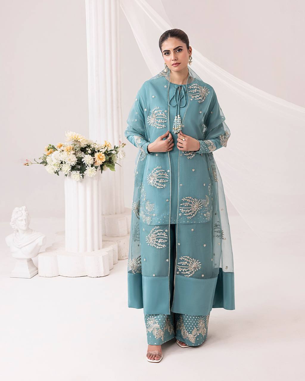Party Wear Sky Blue Color Pure Natural Crep Silk Sharara For Girls