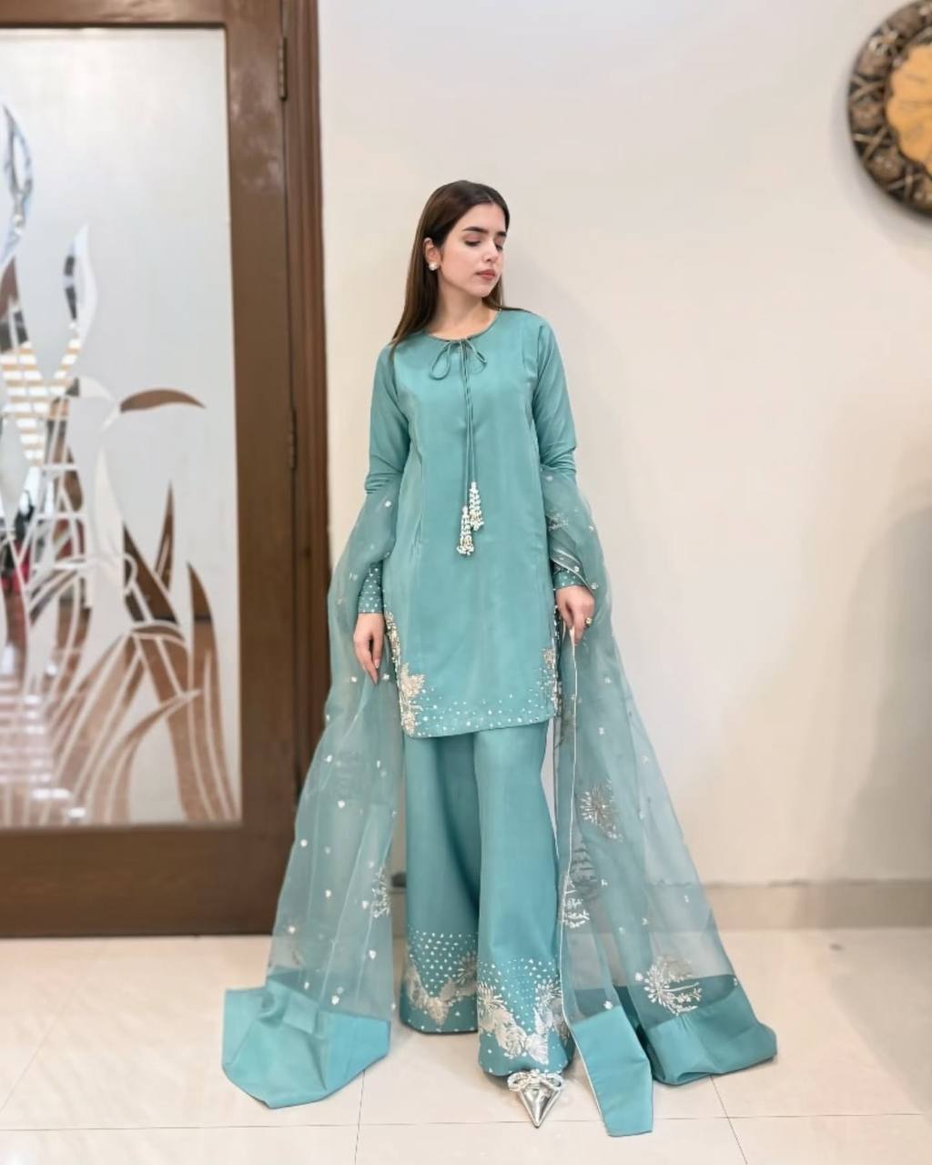 Party Wear Sky Blue Color Pure Natural Crep Silk Sharara For Girls