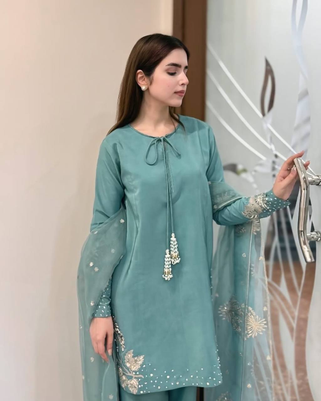Party Wear Sky Blue Color Pure Natural Crep Silk Sharara For Girls