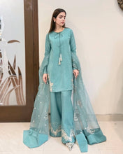 Party Wear Sky Blue Color Pure Natural Crep Silk Sharara For Girls