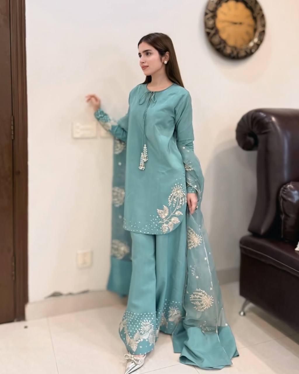 Party Wear Sky Blue Color Pure Natural Crep Silk Sharara For Girls