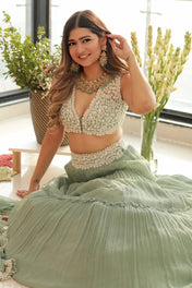 Party Wear Sea Green Color Georgette Lehenga For Bride
