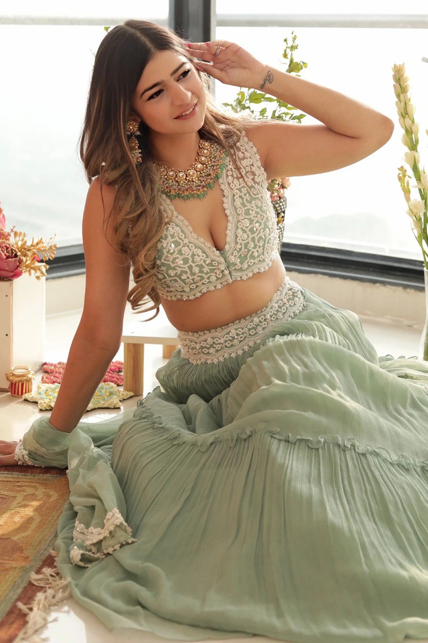 Party Wear Sea Green Color Georgette Lehenga For Bride