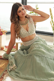 Party Wear Sea Green Color Georgette Lehenga For Bride