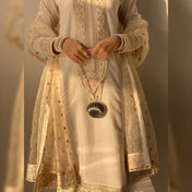 Wedding Wear Cream Color Roman Silk Kurti For Girls