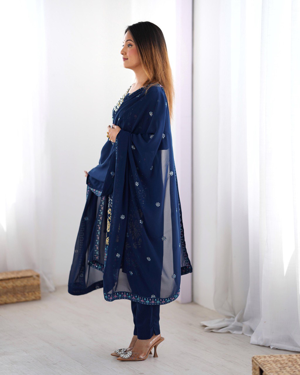Party Wear Blue Color Faux Georgette Kurti For Girls