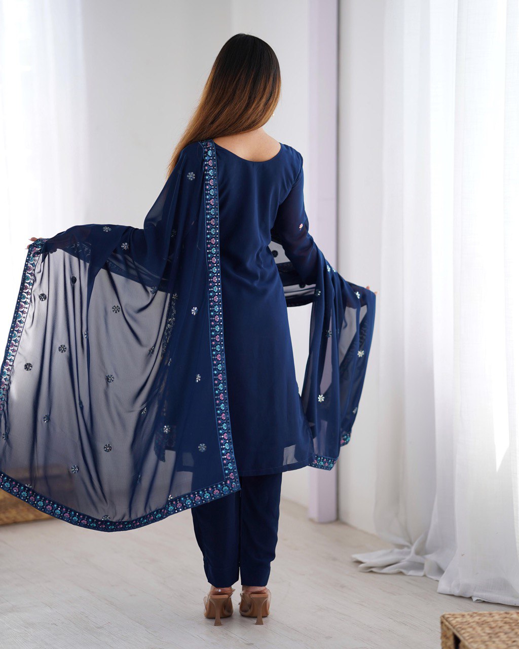 Party Wear Blue Color Faux Georgette Kurti For Girls