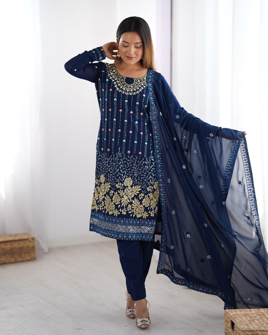 Party Wear Blue Color Faux Georgette Kurti For Girls