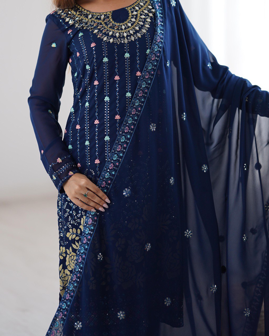 Party Wear Blue Color Faux Georgette Kurti For Girls