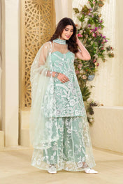 Party Wear Rama Color Butterfly Net Kurti For Girls