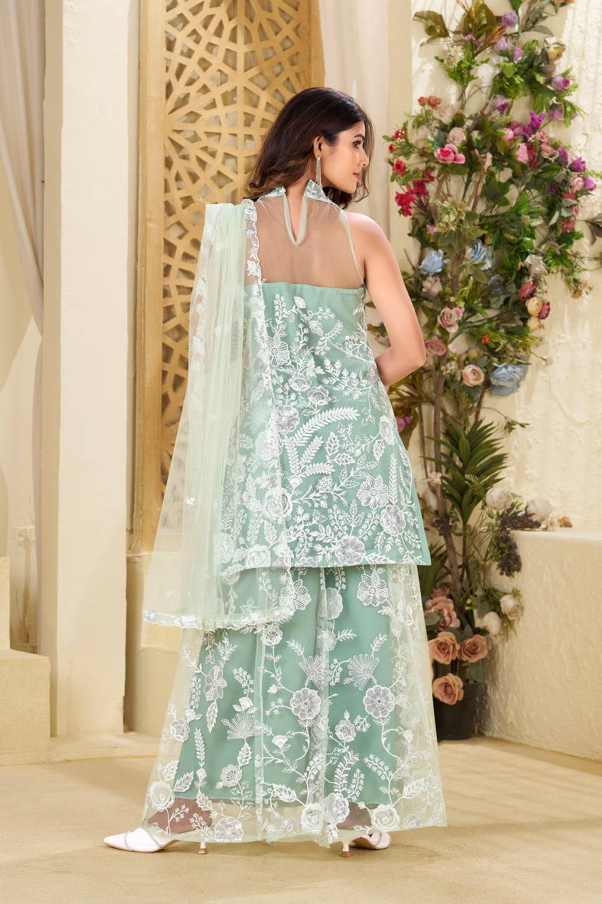 Party Wear Rama Color Butterfly Net Kurti For Girls
