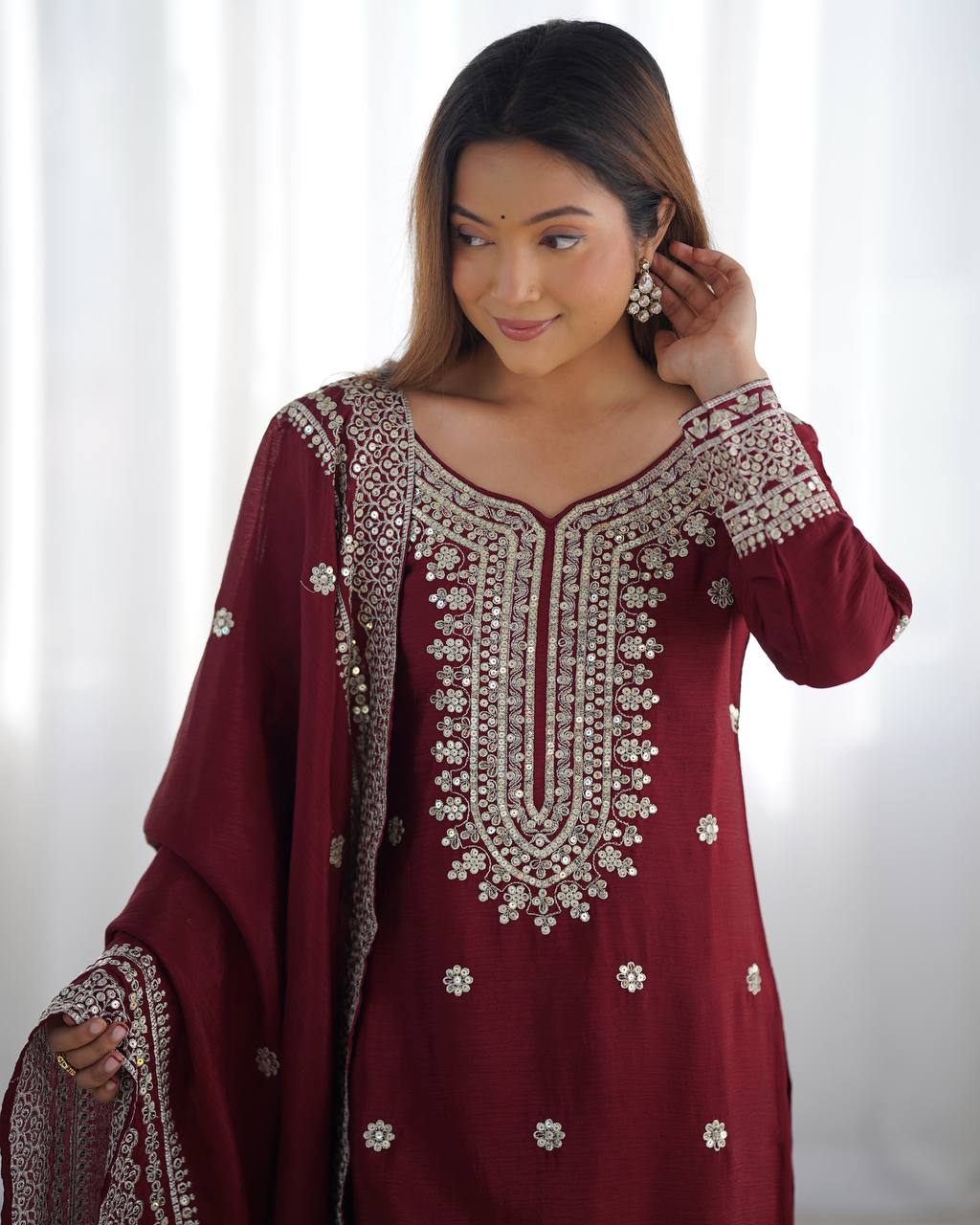 Designer Maroon, White color Chinnon Silk With Embroidery For Girls