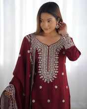 Designer Maroon, White color Chinnon Silk With Embroidery For Girls