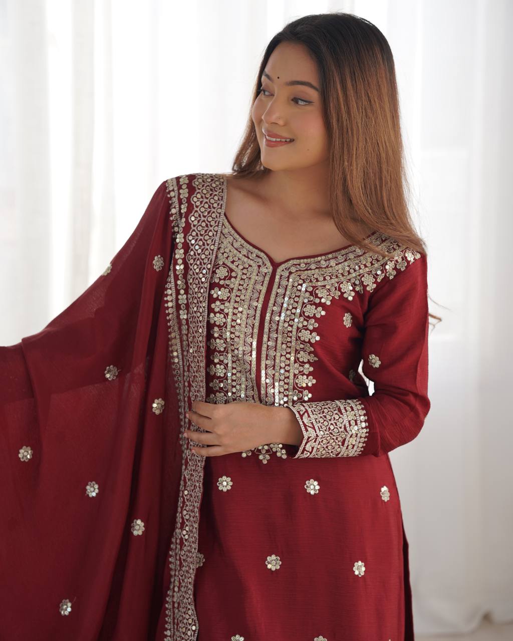 Designer Maroon, White color Chinnon Silk With Embroidery For Girls
