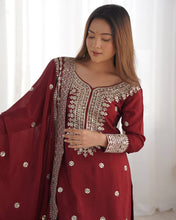 Designer Maroon, White color Chinnon Silk With Embroidery For Girls