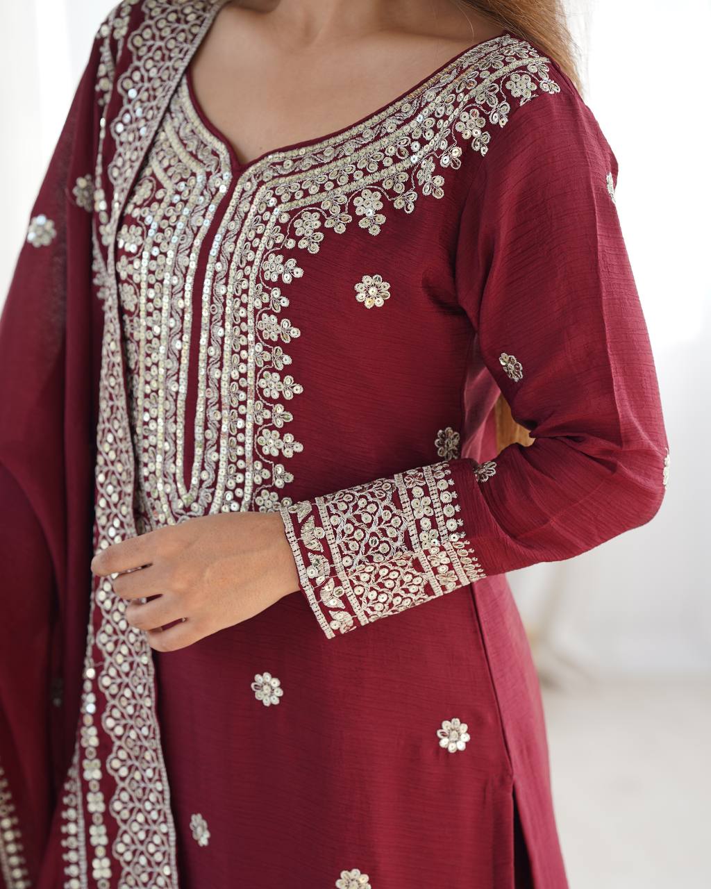 Designer Maroon, White color Chinnon Silk With Embroidery For Girls