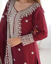 Designer Maroon, White color Chinnon Silk With Embroidery For Girls