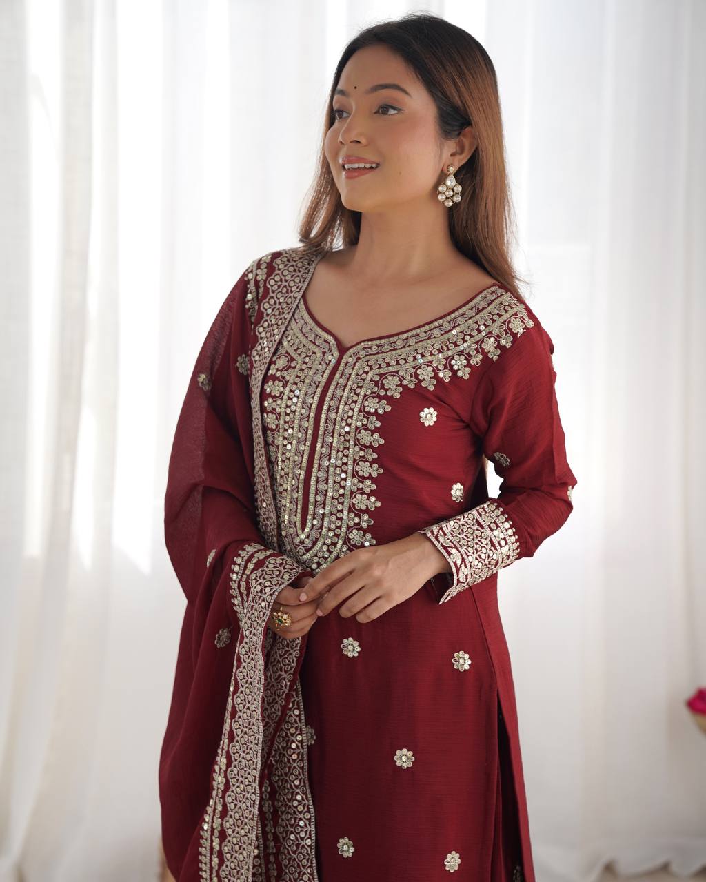 Designer Maroon, White color Chinnon Silk With Embroidery For Girls