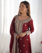 Designer Maroon, White color Chinnon Silk With Embroidery For Girls