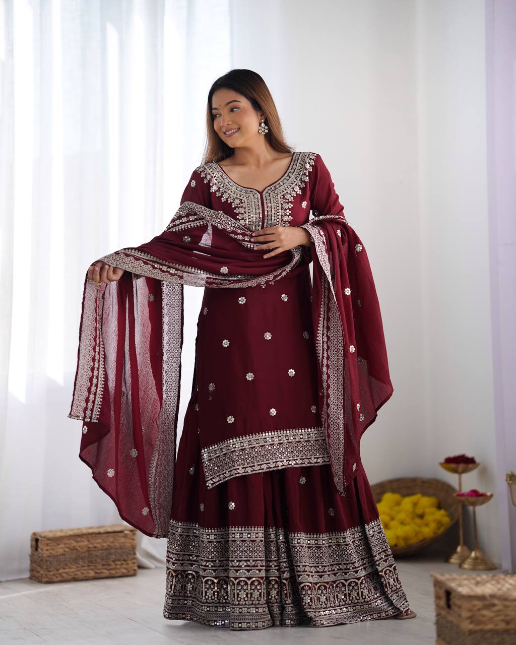 Designer Maroon, White color Chinnon Silk With Embroidery For Girls