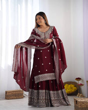 Designer Maroon, White color Chinnon Silk With Embroidery For Girls