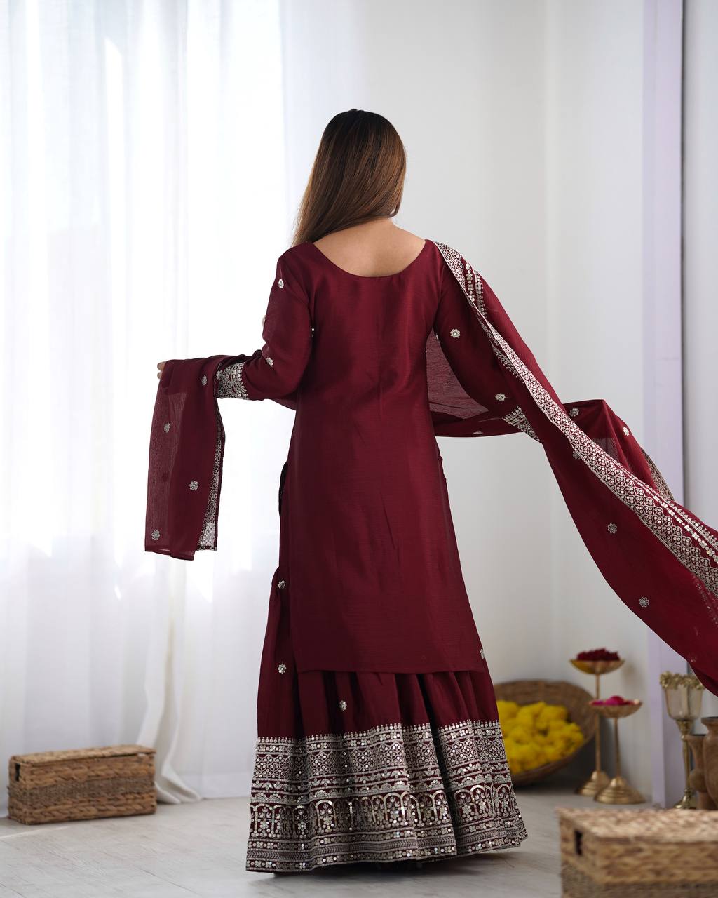 Designer Maroon, White color Chinnon Silk With Embroidery For Girls